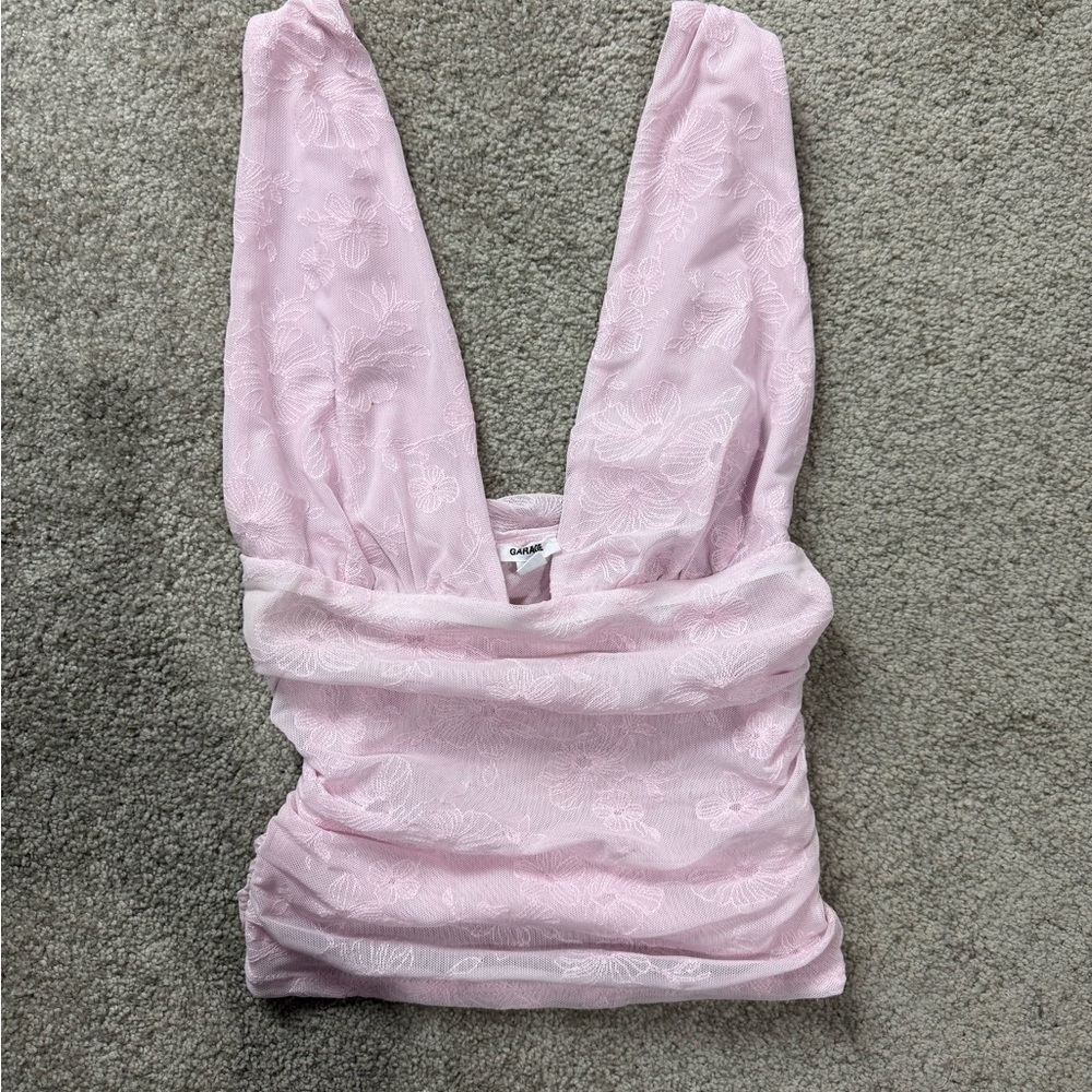 Garage Light Pink Floral V-Neck Ruched Tank Top